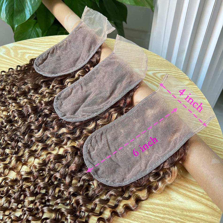 P4/27 Color 4x6 Transparent Lace Closure Deep Curly Highlight Deep Parting Melt Skin Invisible Lace Raw Virgin Curly Human Hair