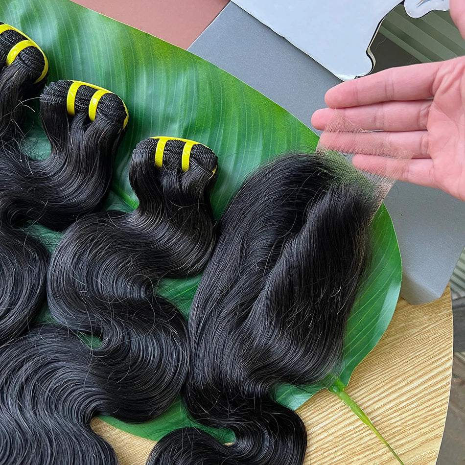 Body Wave Human Hair Bundles With 2x6 Real HD Lace Closure Natural Color 100% Raw Virgin Human Hair Weave Extensions For Women