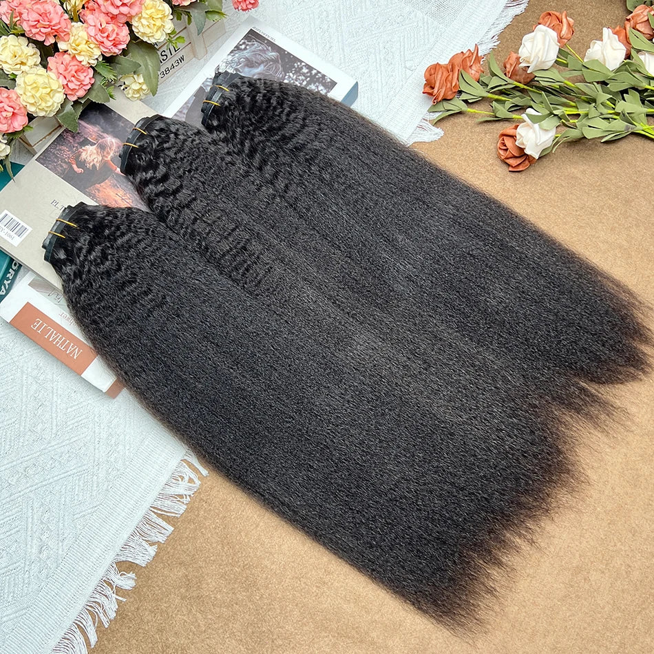 Kinky Straight Clip ins 100% Human Hair Extensions Seamless Invisible PU Weft Unprocessed 100grams 7Pcs/Set #1B Natural Color