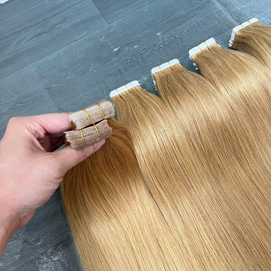 Straight #27 Colored Invisible PU Tape Ins 100% Human Hair Extensions Seamless PU Skin Weft Adhesives 100grams Tape-Ins Hair