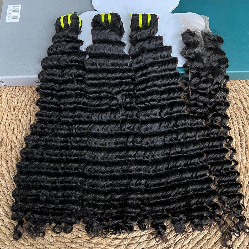 Double Drawn Deep Curly Hair Bundles With 2x6 Transparent Lace Closure Bleached Knots Lace 100% Raw Human Hair Weave Extensions