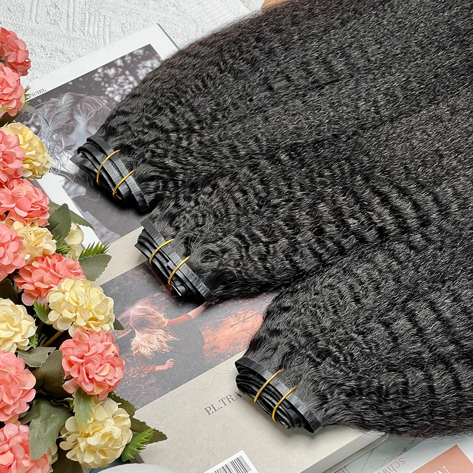 Kinky Straight Clip ins 100% Human Hair Extensions Seamless Invisible PU Weft Unprocessed 100grams 7Pcs/Set #1B Natural Color