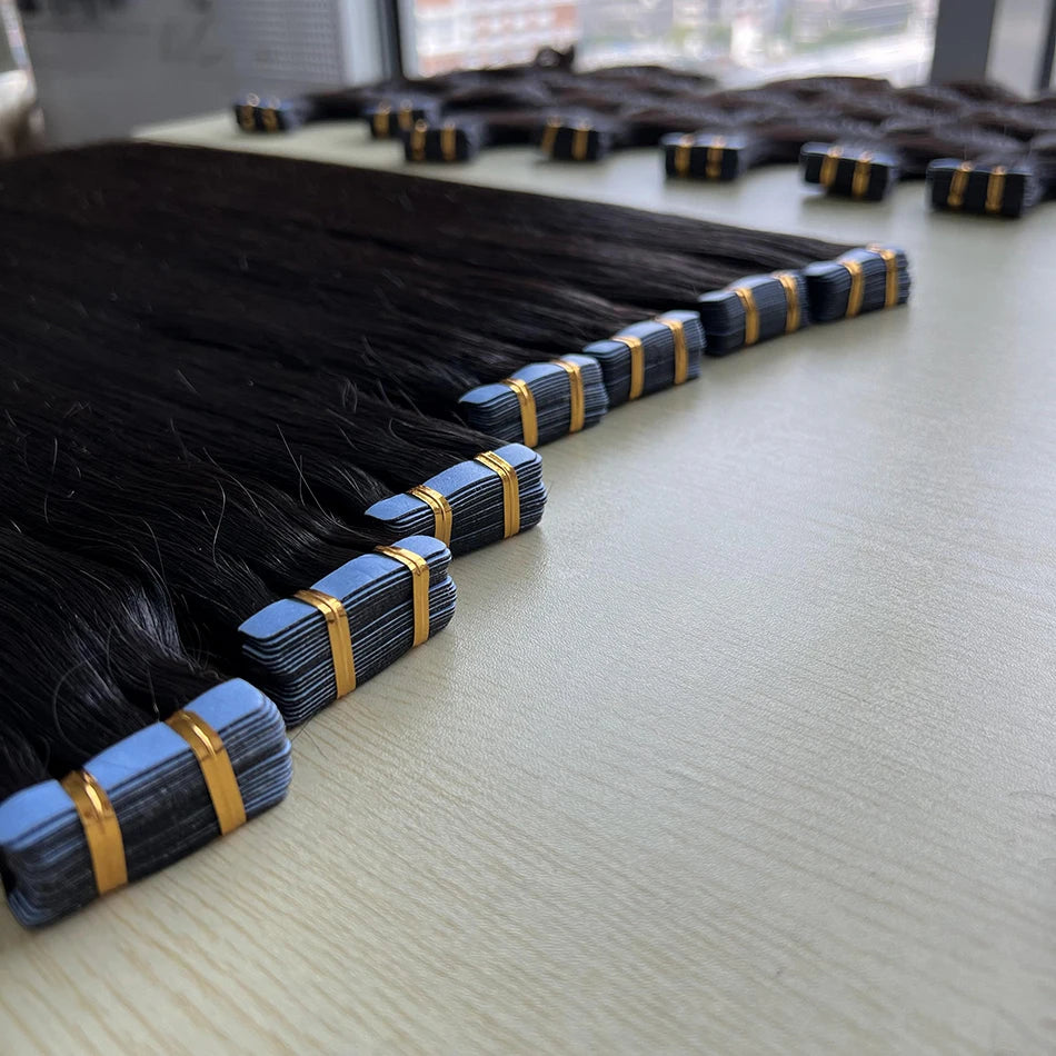 Straight PU Tape In Human Hair Extensions Inject Seamless Invisible Weft Hand Tied Adhesives Tape-Ins #1B Natural 100grams Hair