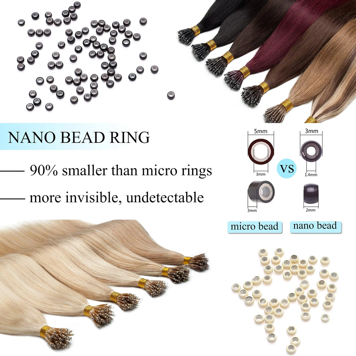 Nano Ring Hair Extensions 100% Human Hair Straight Weft Pre-tipped Strands For Easy DIY Hair Extension Application