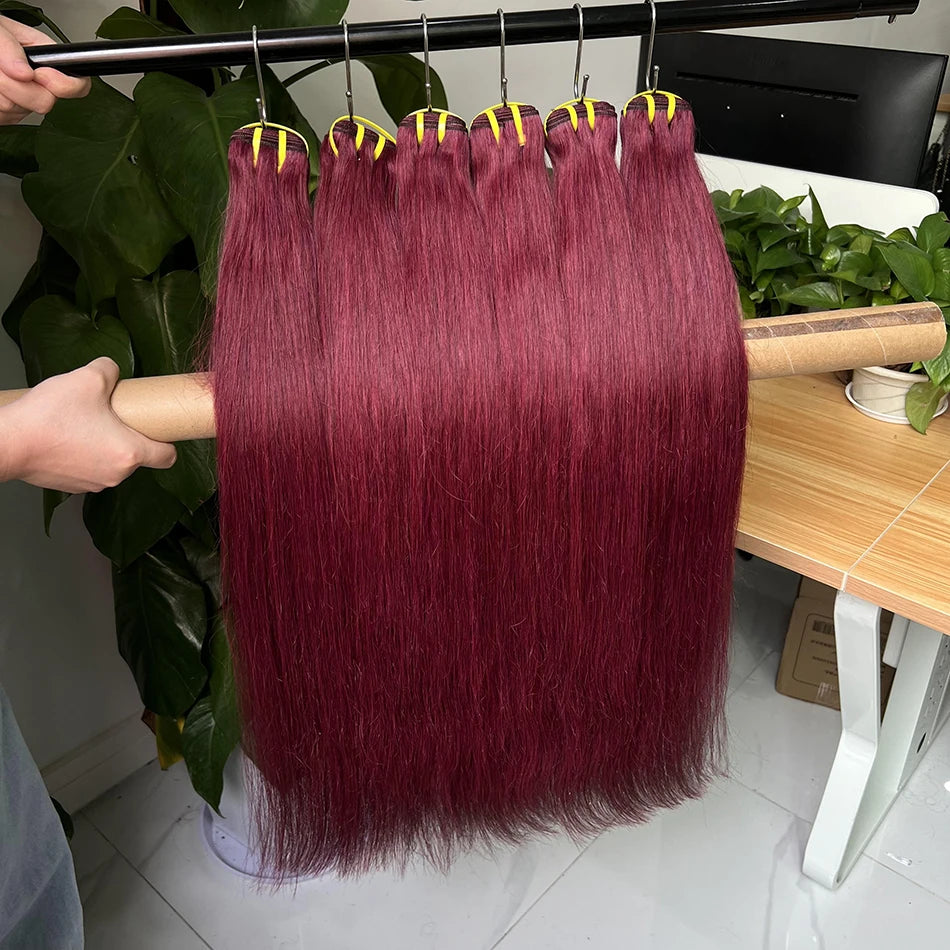 Double Drawn #99j Burgundy Colored Straight Human Hair Bundles 100% Virgin Hair Weaving Extensions 100g 1/2/3/4 pcs For Women