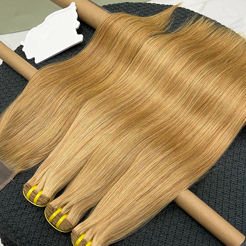 #27 Color Bundles With 4x6 Lace Closure Straight 100% Human Hair Preplucked Bleached Knots Transparent Lace Hair Weave Extension