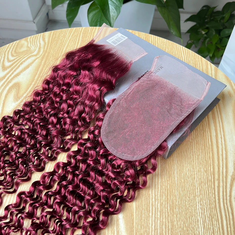 #99j Burgundy Color Deep Curly 4x6 Inch Transparent Lace Closure Human Hair Melt Skin Invisible Bleached Knots Invisible Lace
