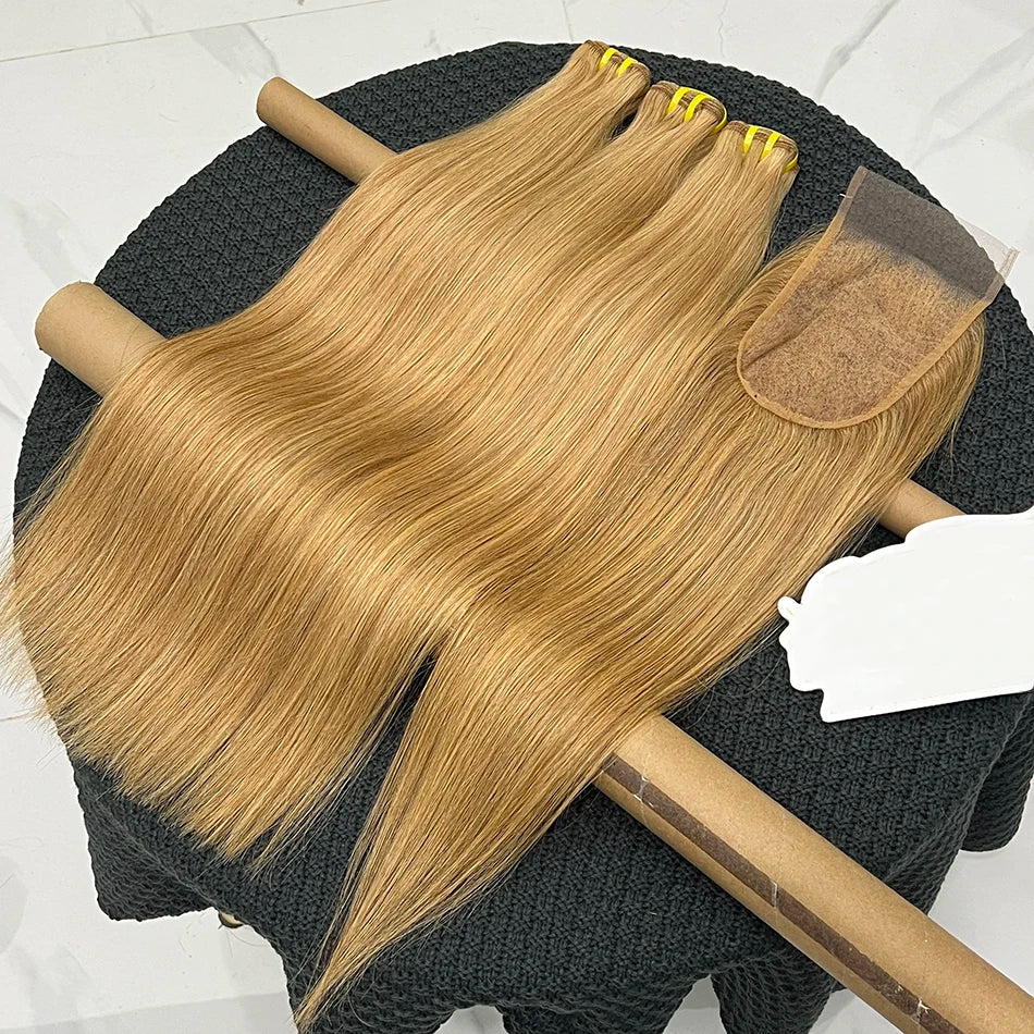 #27 Color Bundles With 4x6 Lace Closure Straight 100% Human Hair Preplucked Bleached Knots Transparent Lace Hair Weave Extension
