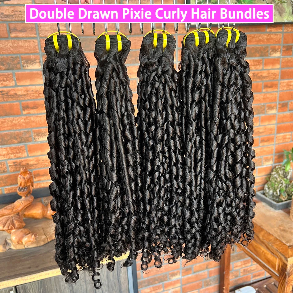 Double Drawn Pixie Curly Human Hair Bundles #1B Natural Black Color Bouncy Curly 100% Raw Vietnamese Human Hair Weave Extensions