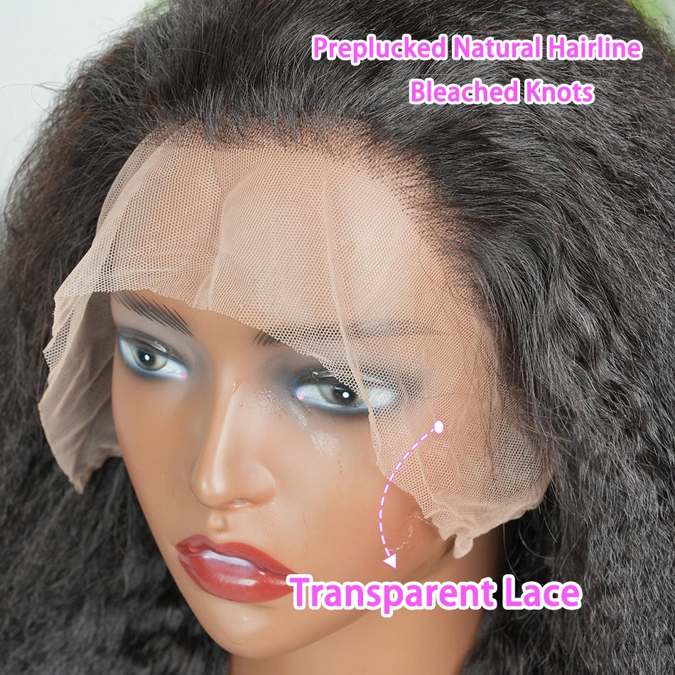 Kinky Straight 13x4 Transparent Lace Frontal Wigs Human Hair 200% Density #1B Natural Black Color Preplucked Lace Front Wig