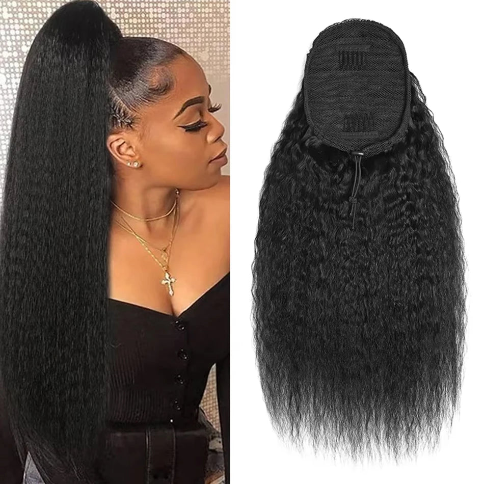 Kinky Straight Drawstring Ponytail — 4B/4C Remy, 10–32 Inch