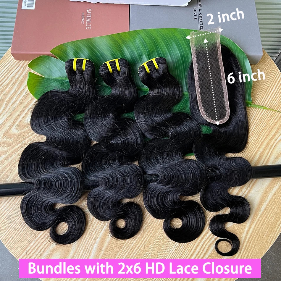 Body Wave Human Hair Bundles With 2x6 Real HD Lace Closure Natural Color 100% Raw Virgin Human Hair Weave Extensions For Women