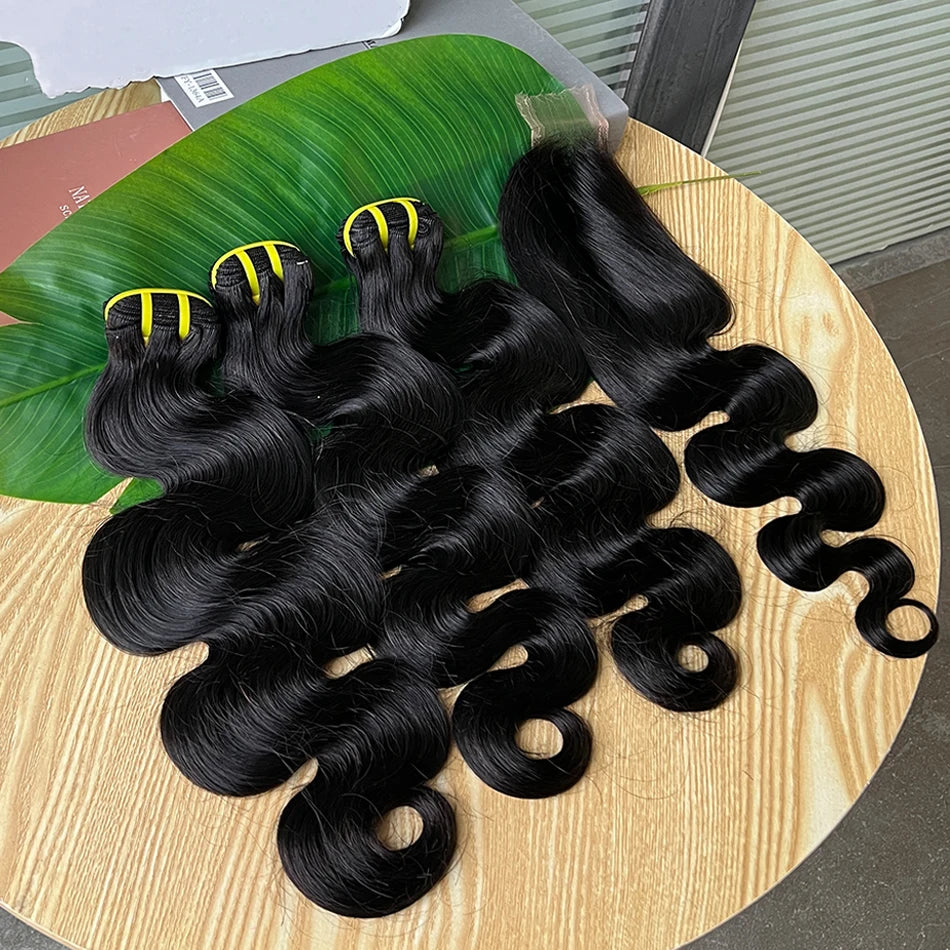 Body Wave Human Hair Bundles With 2x6 Real HD Lace Closure Natural Color 100% Raw Virgin Human Hair Weave Extensions For Women