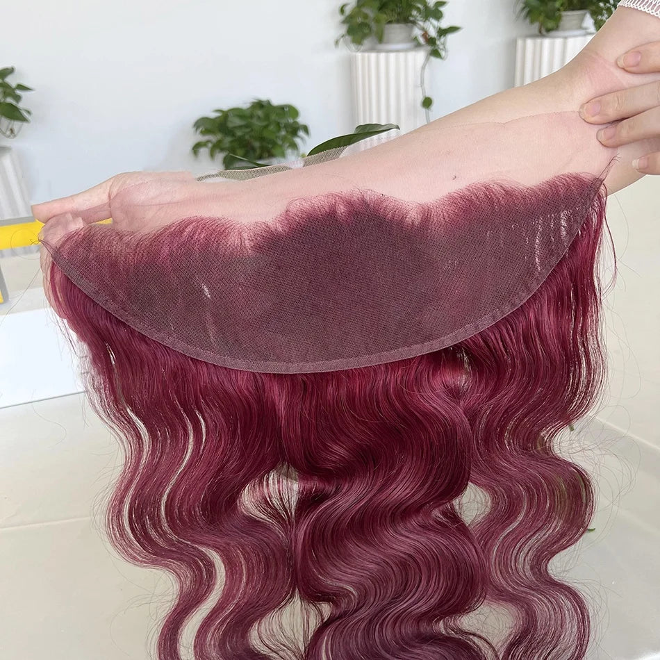 #99J Burgundy Color 13x4 Transparent Lace Frontal Human Hair Body Wave Melt Skin Invisible Lace Pre-Plucked Natural Hairline