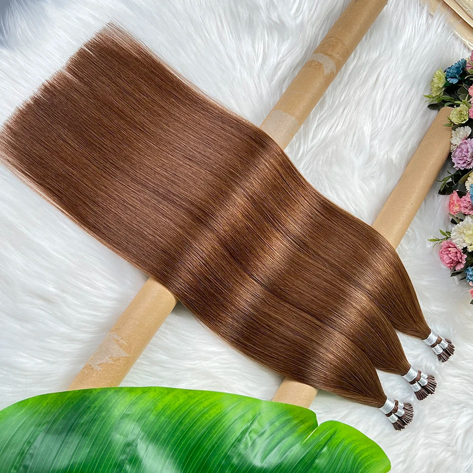 #4 Brown Color Straight Ponytail I-Tip Hair Extensions 100% Human Hair Genius Weft 100grams/Bundle Vietnamese Virgin Hair