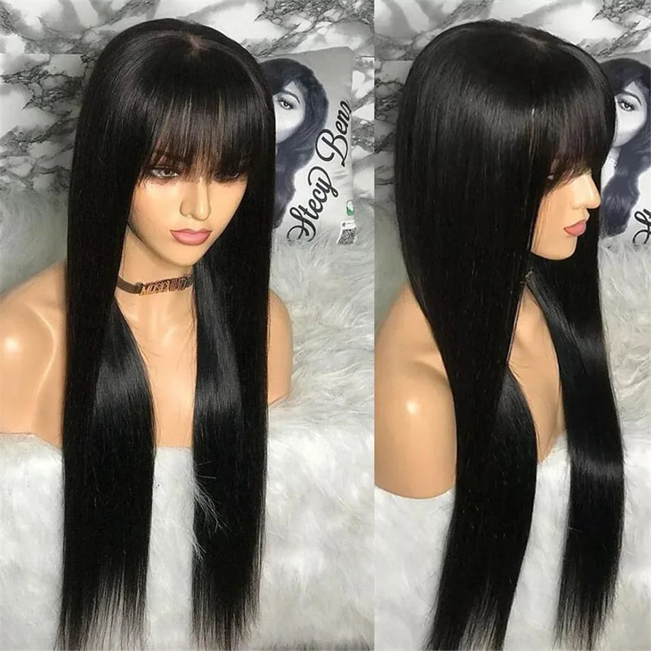 Silky Straight Wig with Bangs — Full Machine Made, Remy Hair