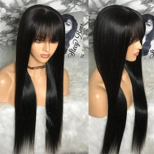Silky Straight Wig with Bangs — Full Machine Made, Remy Hair