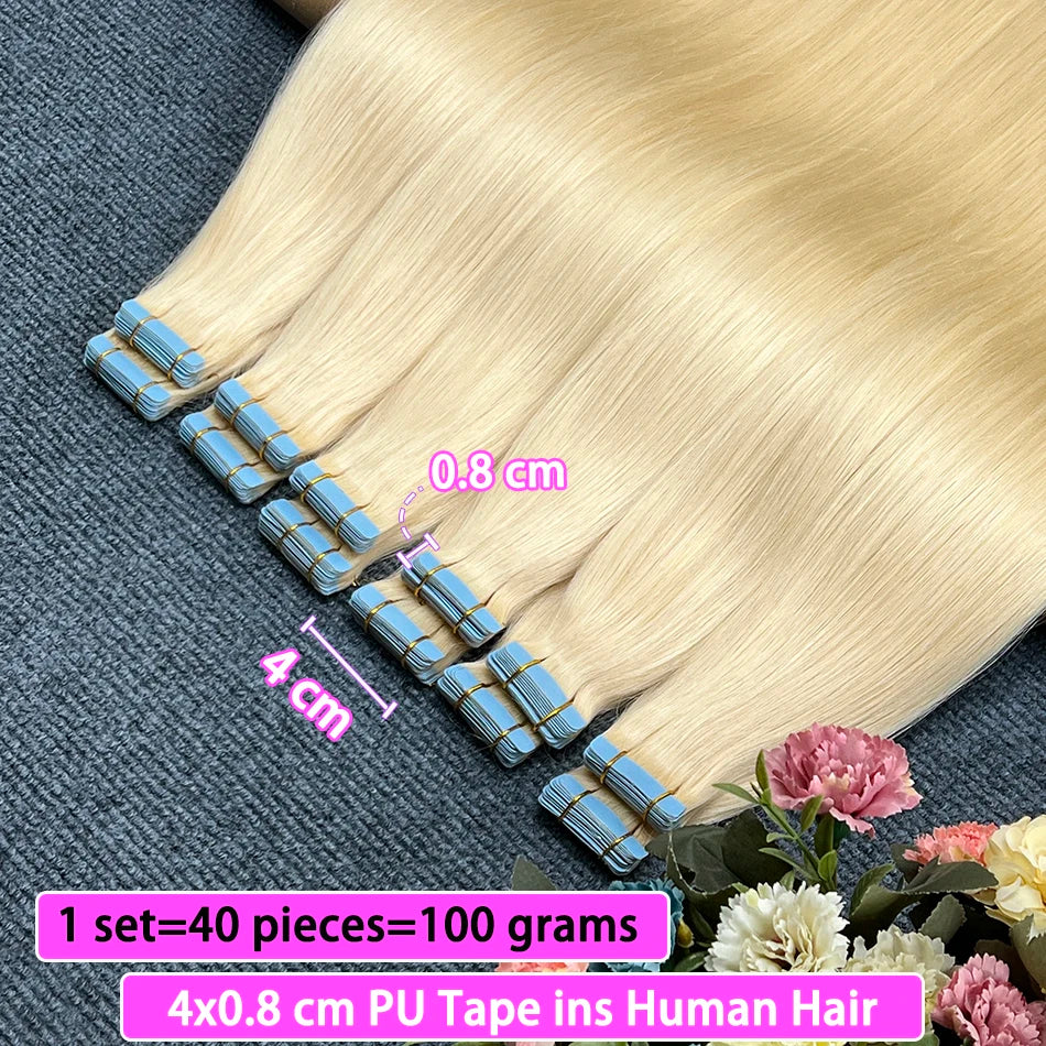 Straight #613 Blonde Colored Invisible PU Tape Ins 100% Human Hair Extensions Seamless PU Weft Adhesives 100grams Tape-Ins Hair