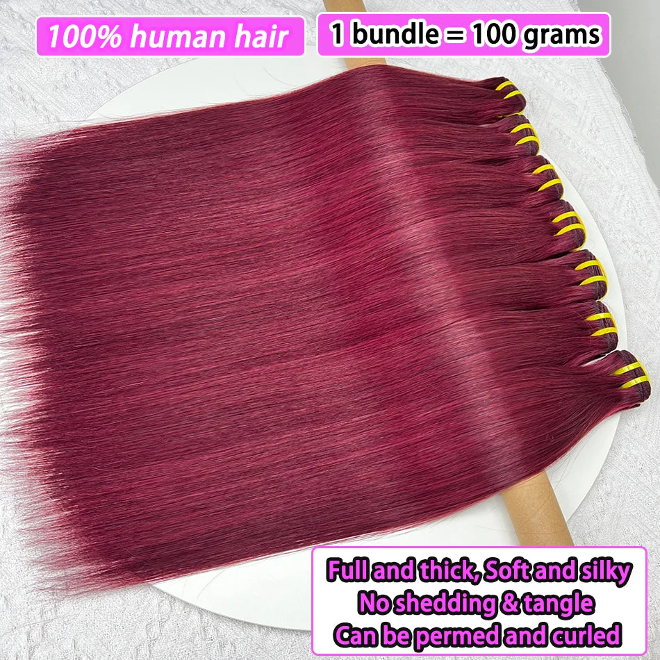 Straight #99j Burgundy Human Hair Bundles Red Colored Vietnamese 100 Grams 100% Raw Virgin Wavy Human Hair Weave Extensions