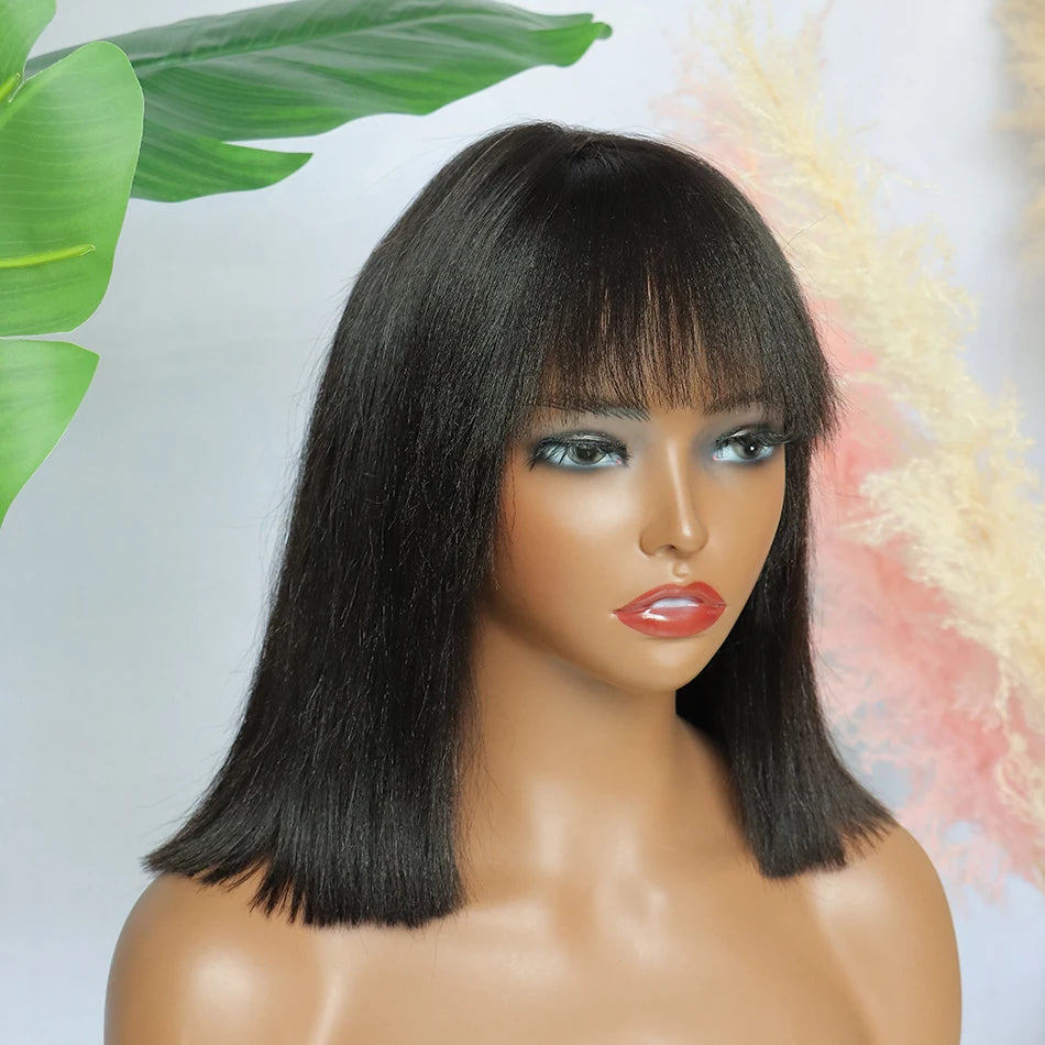 4x1 Lace Light Yaki Straight Short Bob Wig With Bangs Human Hair Glueless Wigs Vietnamese Realistic Scalp Full 200% For Women