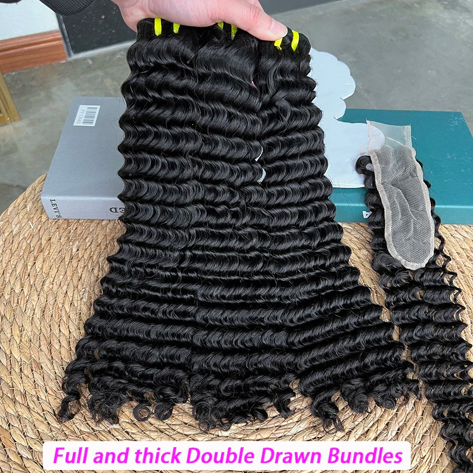 Double Drawn Deep Curly Hair Bundles With 2x6 Transparent Lace Closure Bleached Knots Lace 100% Raw Human Hair Weave Extensions