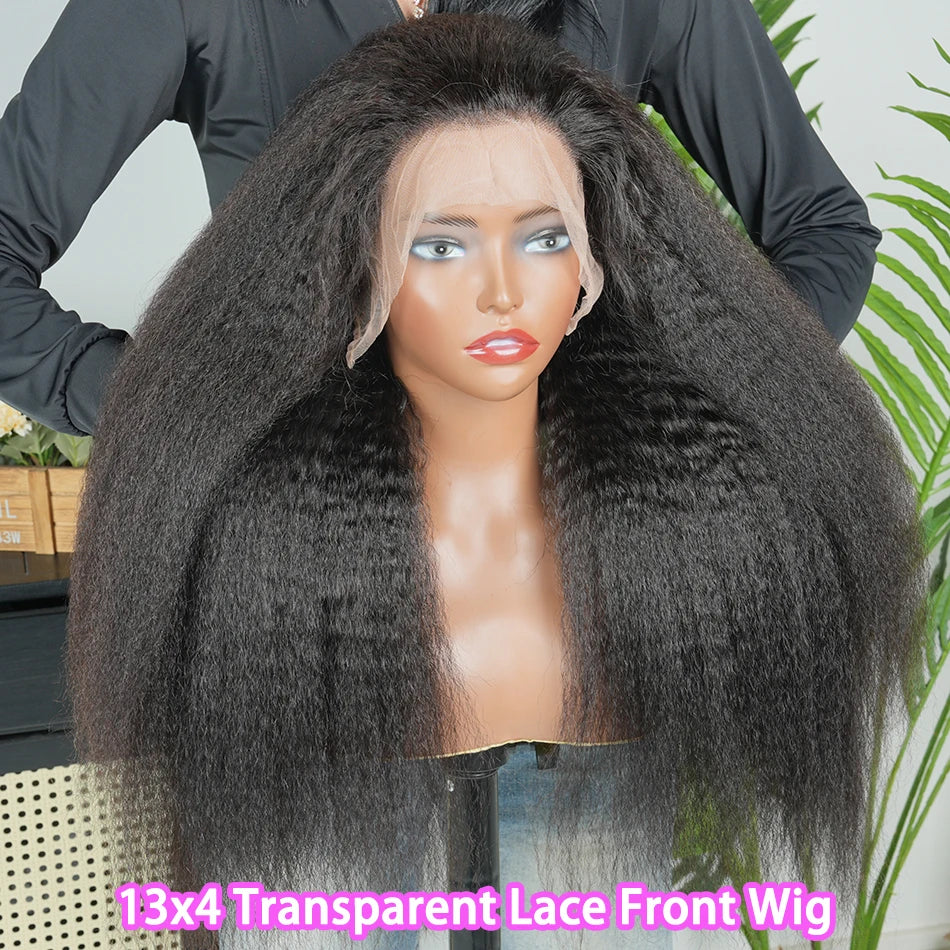 Kinky Straight 13x4 Transparent Lace Frontal Wigs Human Hair 200% Density #1B Natural Black Color Preplucked Lace Front Wig