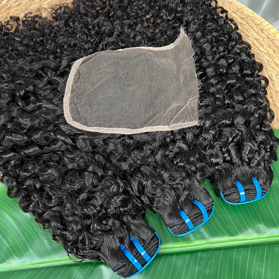 18A Burmese Curly Human Hair Bundles With 5x5 HD Lace Closure Invisible Melted All Color Skins #1B Color Hair Weave Extensions