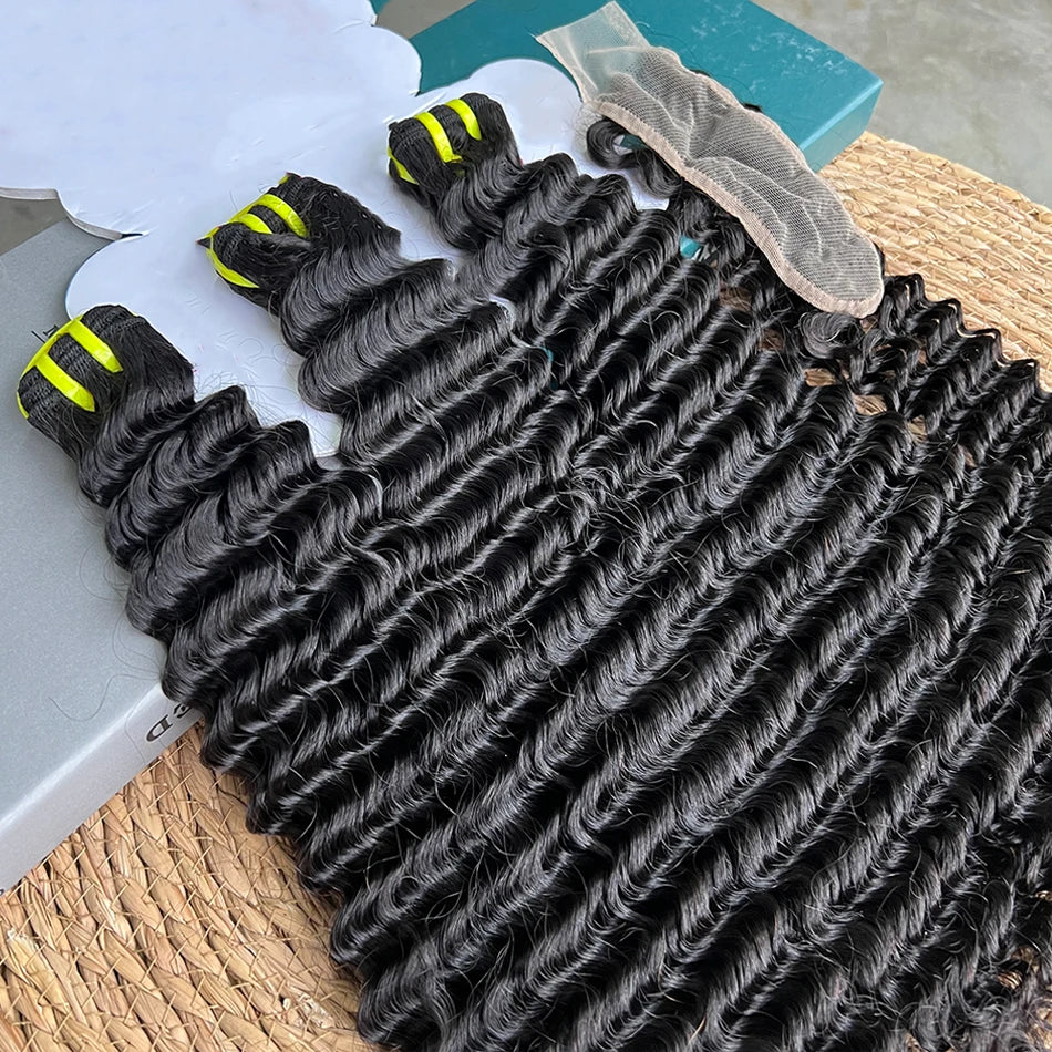 Double Drawn Deep Curly Hair Bundles With 2x6 Transparent Lace Closure Bleached Knots Lace 100% Raw Human Hair Weave Extensions