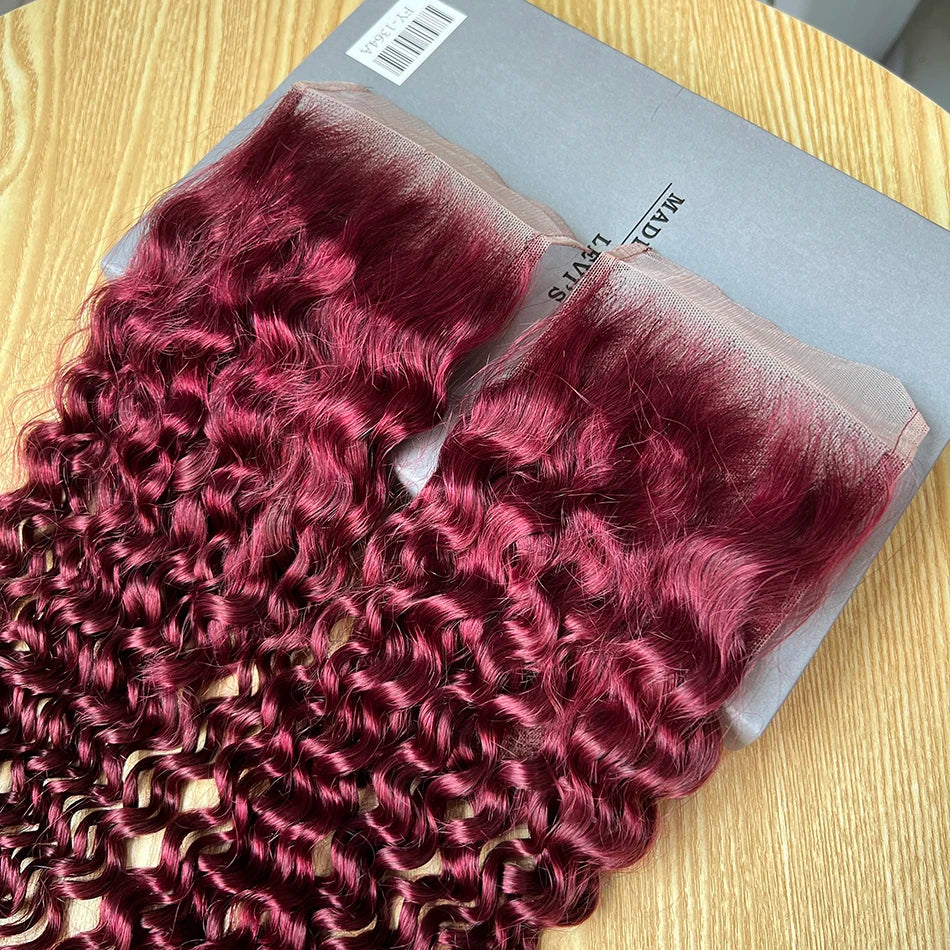 #99j Burgundy Color Deep Curly 4x6 Inch Transparent Lace Closure Human Hair Melt Skin Invisible Bleached Knots Invisible Lace