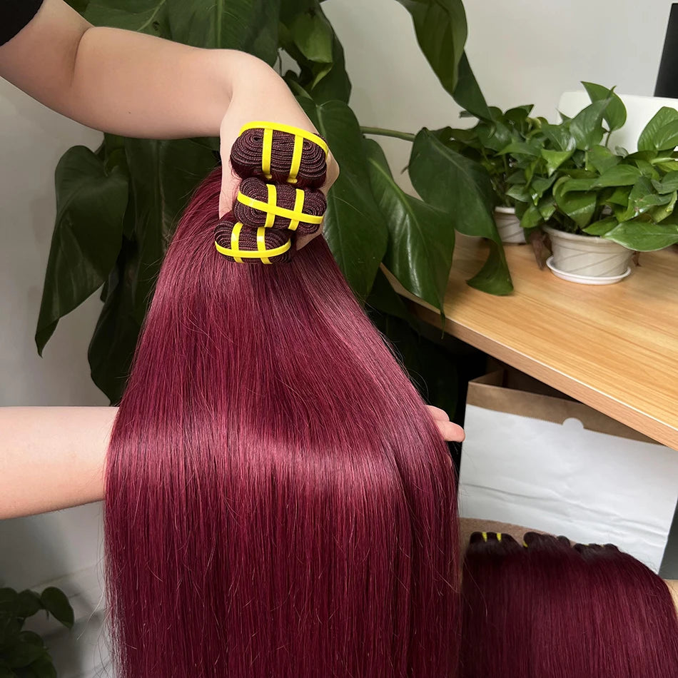 Double Drawn #99j Burgundy Colored Straight Human Hair Bundles 100% Virgin Hair Weaving Extensions 100g 1/2/3/4 pcs For Women