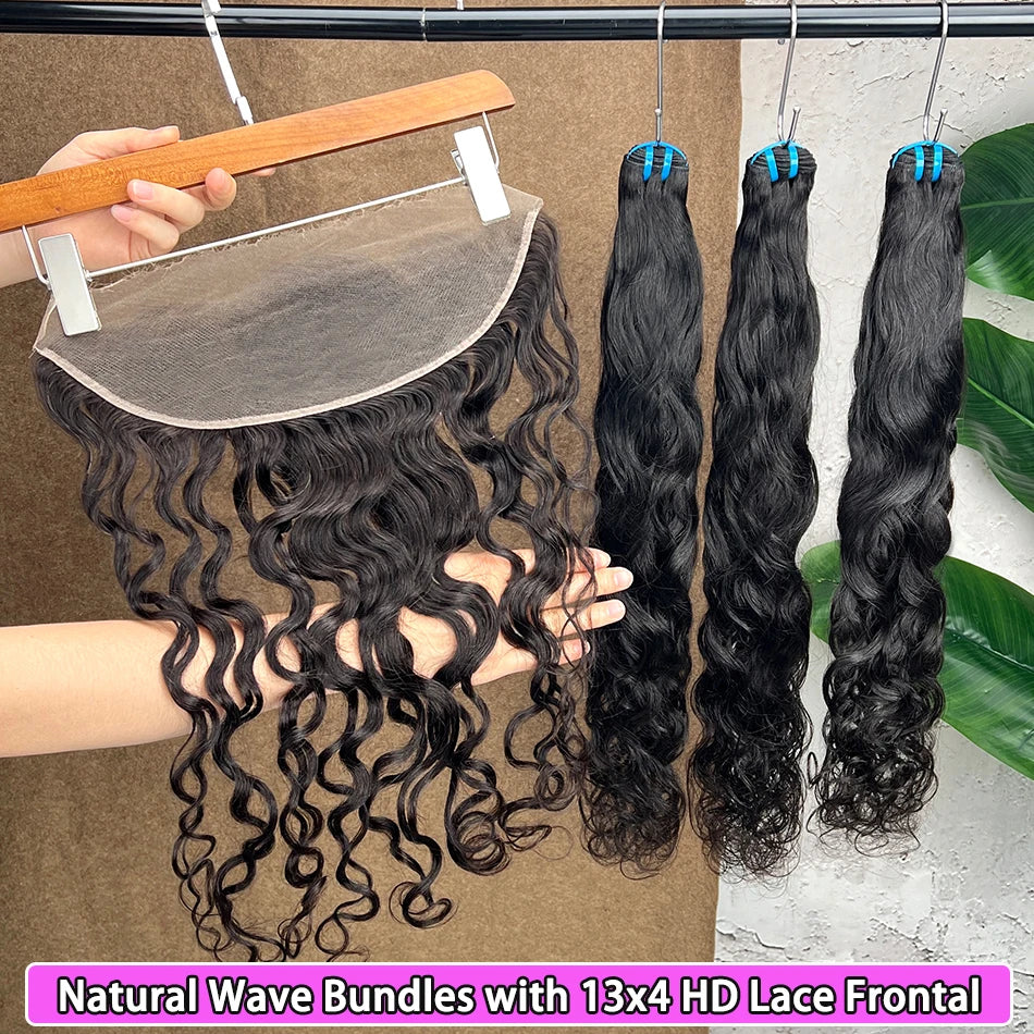 18A Natural Wave Hair Bundles With 13x4 HD Lace Frontal #1B Natural Black Color 100% Raw Virgin Human Hair Weave Extensions