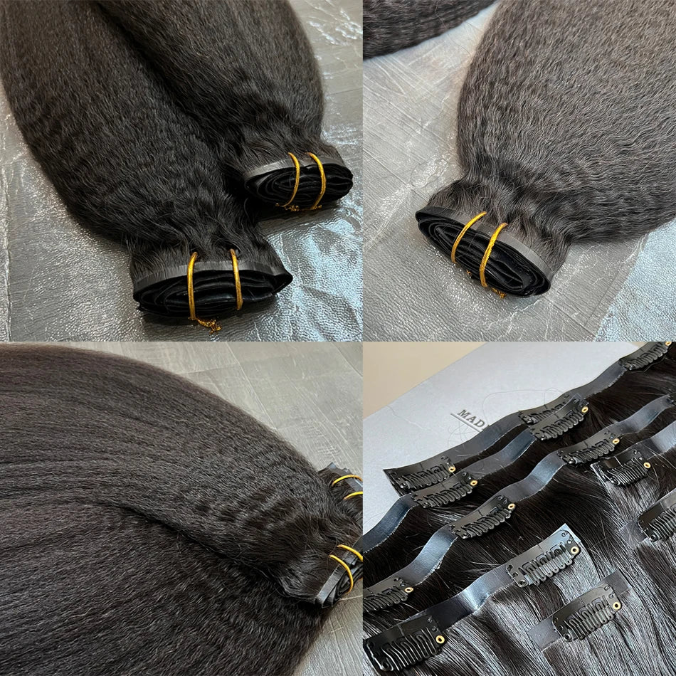 Kinky Straight PU Weft Seamless Clip ins Human Hair Extensions Invisible Unprocessed 100g 7Pcs/Set #1B Natural Color Long Hair
