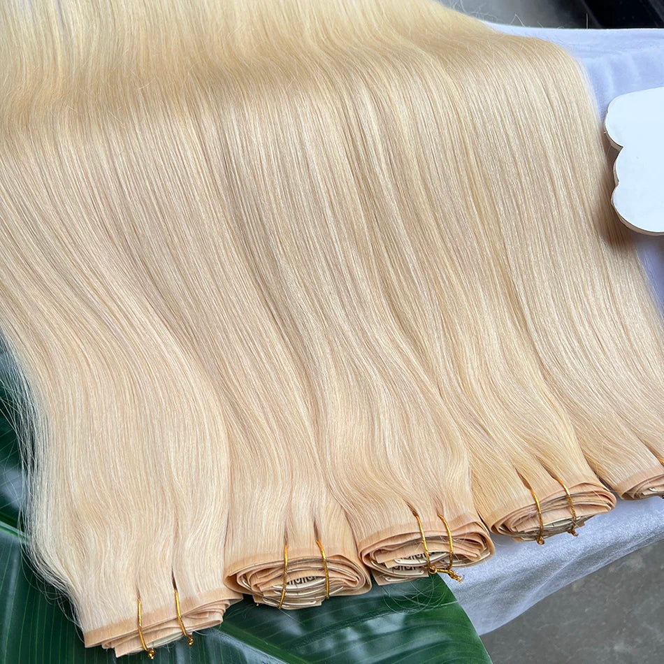 Straight #613 Blonde Color PU Weft Seamless Clips in Human Hair Extensions Invisible 100grams 7Pcs/Set Full Head Virgin Hair