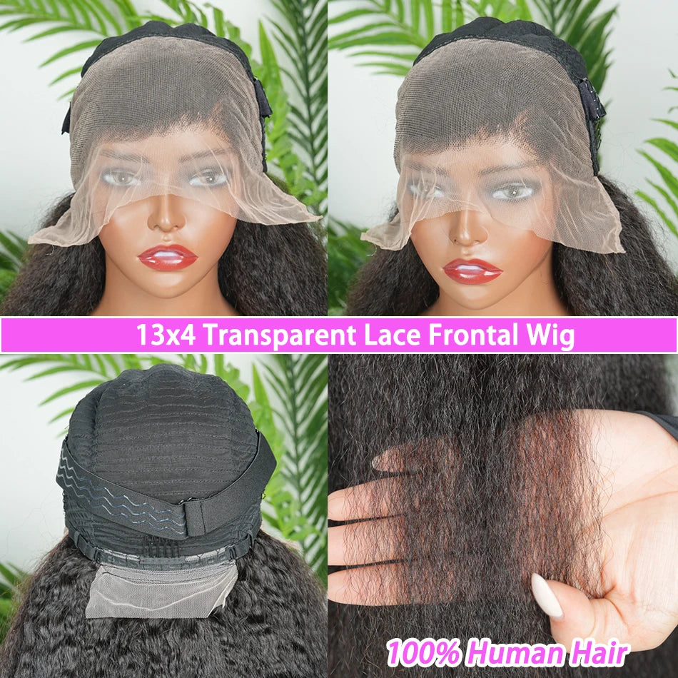 Kinky Straight 13x4 Transparent Lace Frontal Wigs Human Hair 200% Density #1B Natural Black Color Preplucked Lace Front Wig