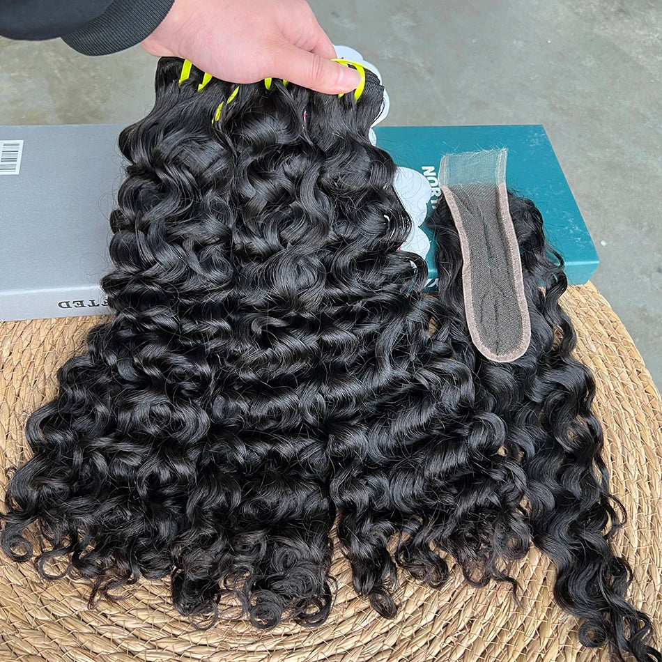 Double Drawn Water Wave Bundles With 2x6 HD Invisible Lace Closure 100% Human Hair Double Weft Virgin Hair Weaving Extensions