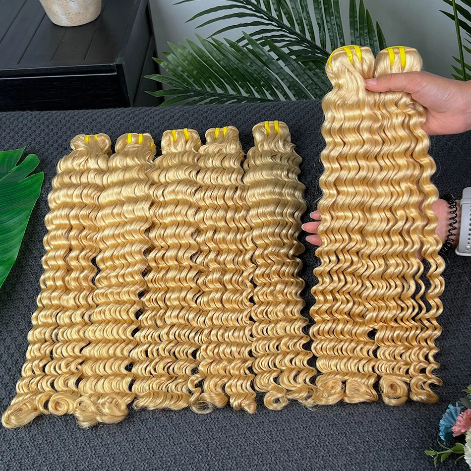 #613 Blonde Color Deep Wave Human Hair Bundles 100grams 18-26 Inch 1/2/3/4 Bundle Deal 100% Virgin Human Hair Weaving Extensions