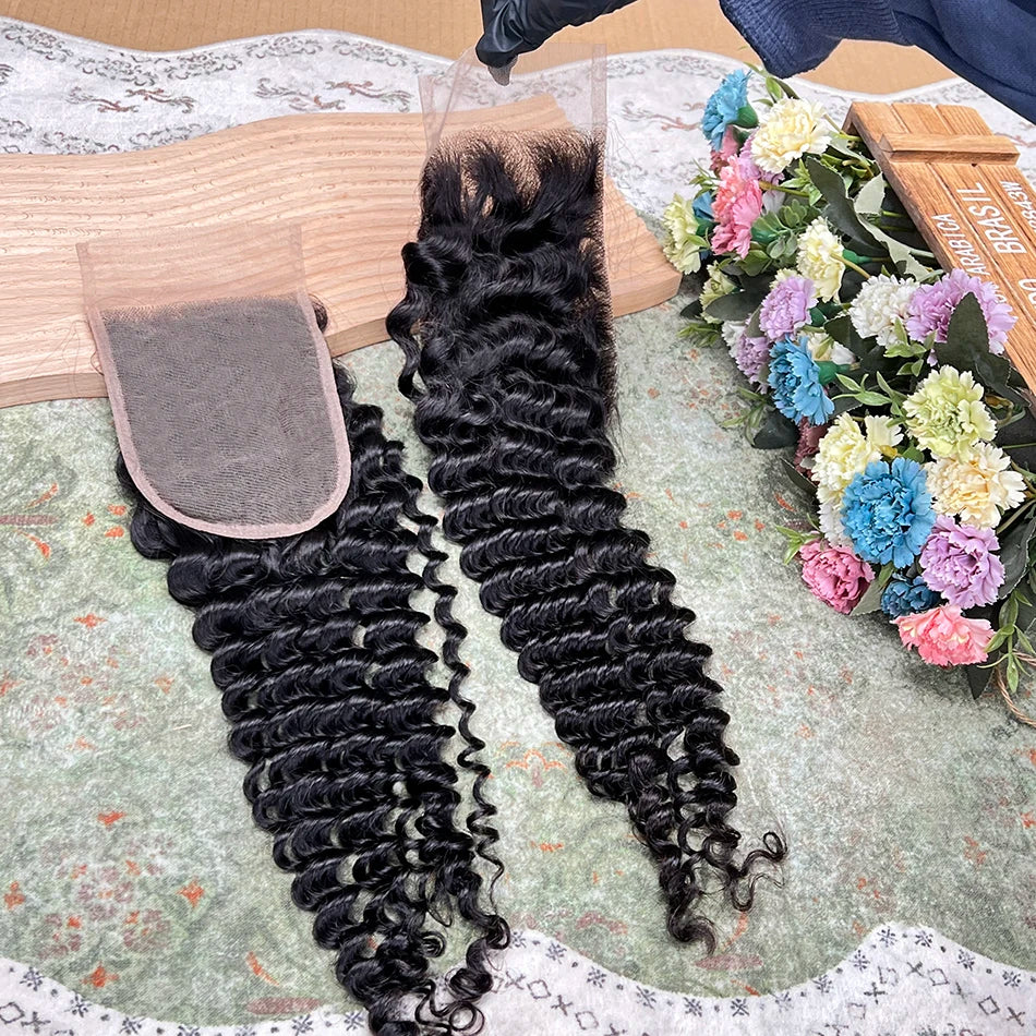 Deep Curly 4x6 Transparent Lace Closure 100% Human Hair #1B Natural Black Color Preplucked Bleached Knots Invisible Closure Hair