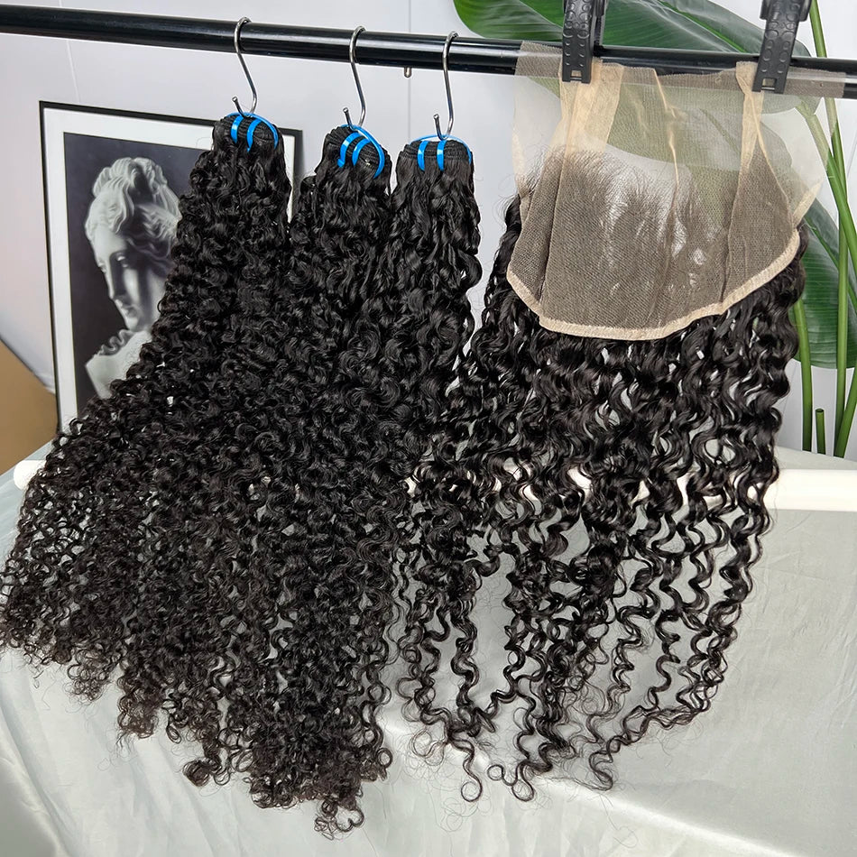 18A Burmese Curly Bundles With 13x4 Transparent Lace Frontal Human Hair #1B Natural Color 100% Raw Virgin Hair Weave Extensions