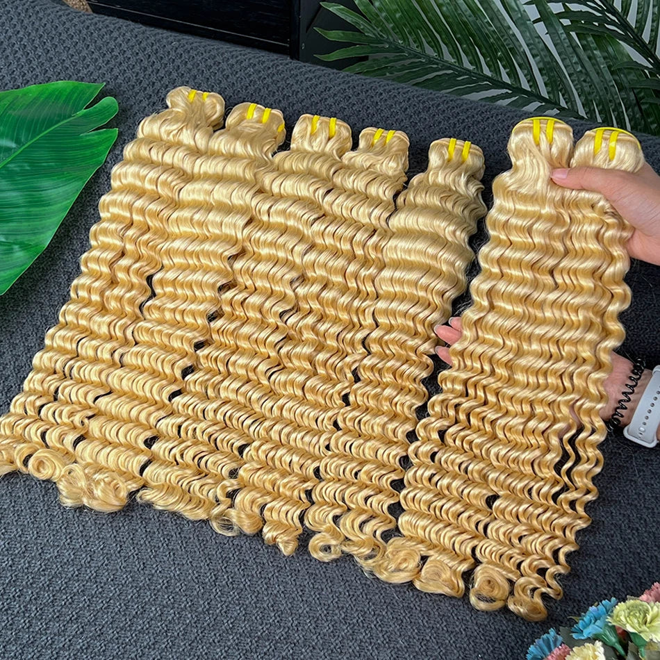 #613 Blonde Color Deep Wave Human Hair Bundles 100grams 18-26 Inch 1/2/3/4 Bundle Deal 100% Virgin Human Hair Weaving Extensions