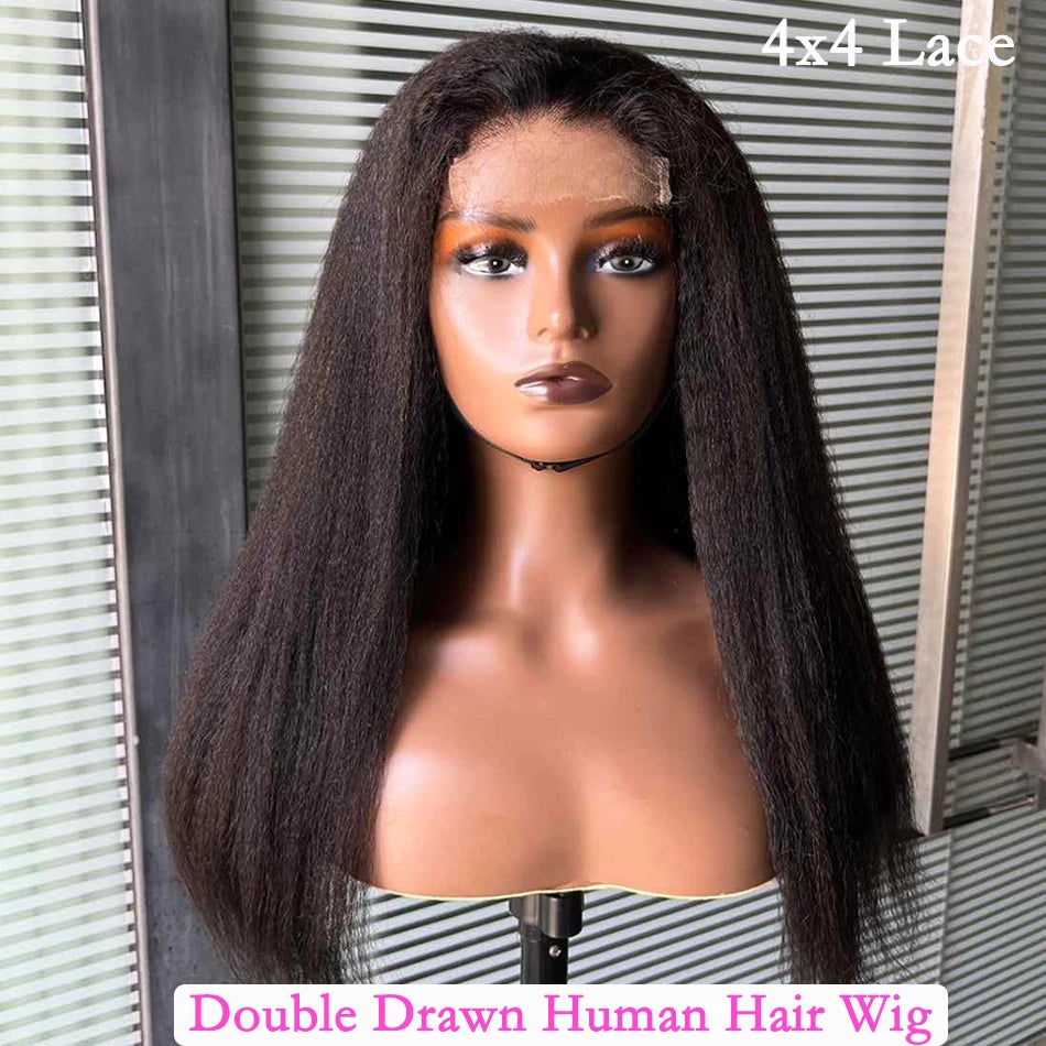 Kinky Straight Super Double Drawn 4x4 Lace Closure Wig HD Lace Human Hair Wigs Preplucked 200% Density Full Natural Raw Hair