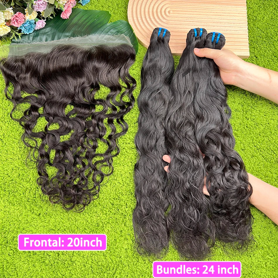 18A Natural Wave Hair Bundles With 13x4 HD Lace Frontal #1B Natural Black Color 100% Raw Virgin Human Hair Weave Extensions