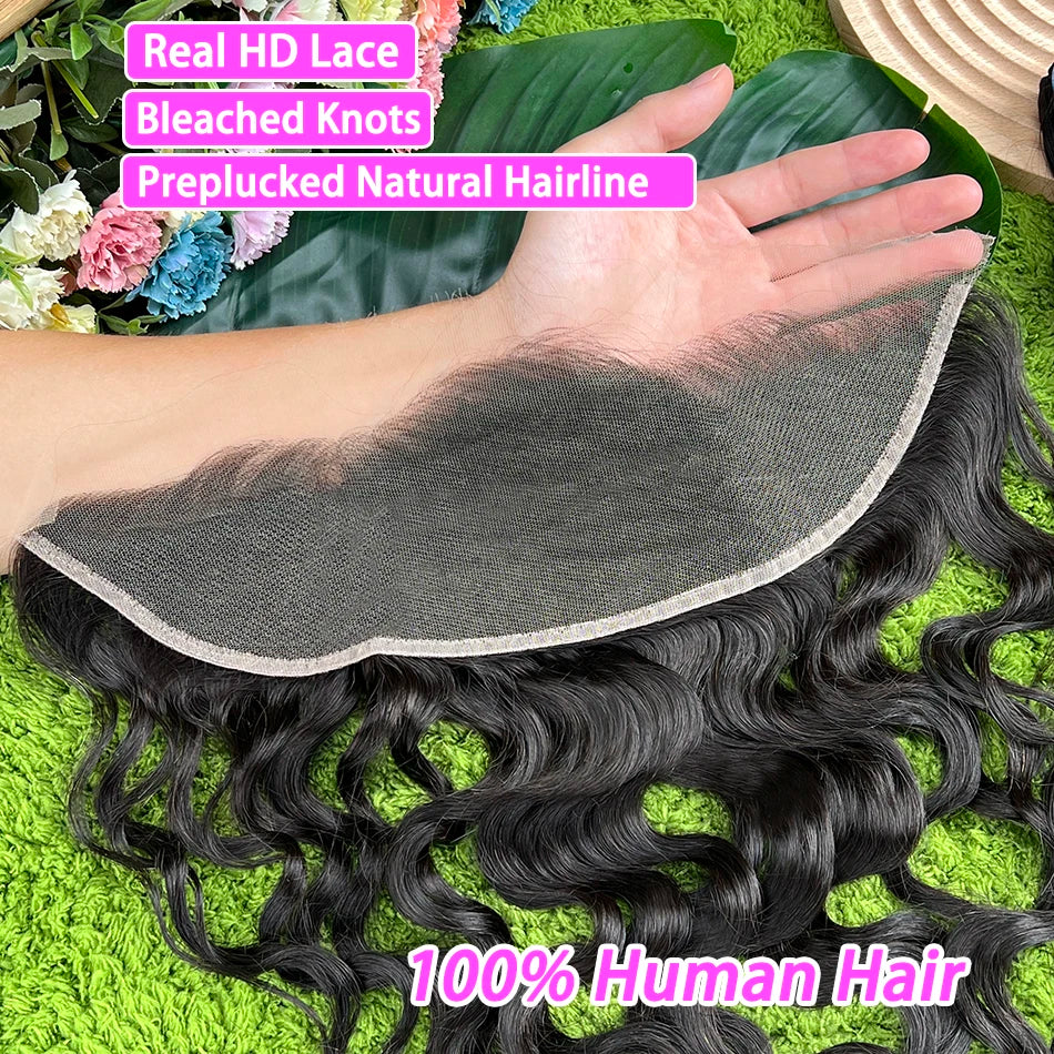 18A Natural Wave Hair Bundles With 13x4 HD Lace Frontal #1B Natural Black Color 100% Raw Virgin Human Hair Weave Extensions