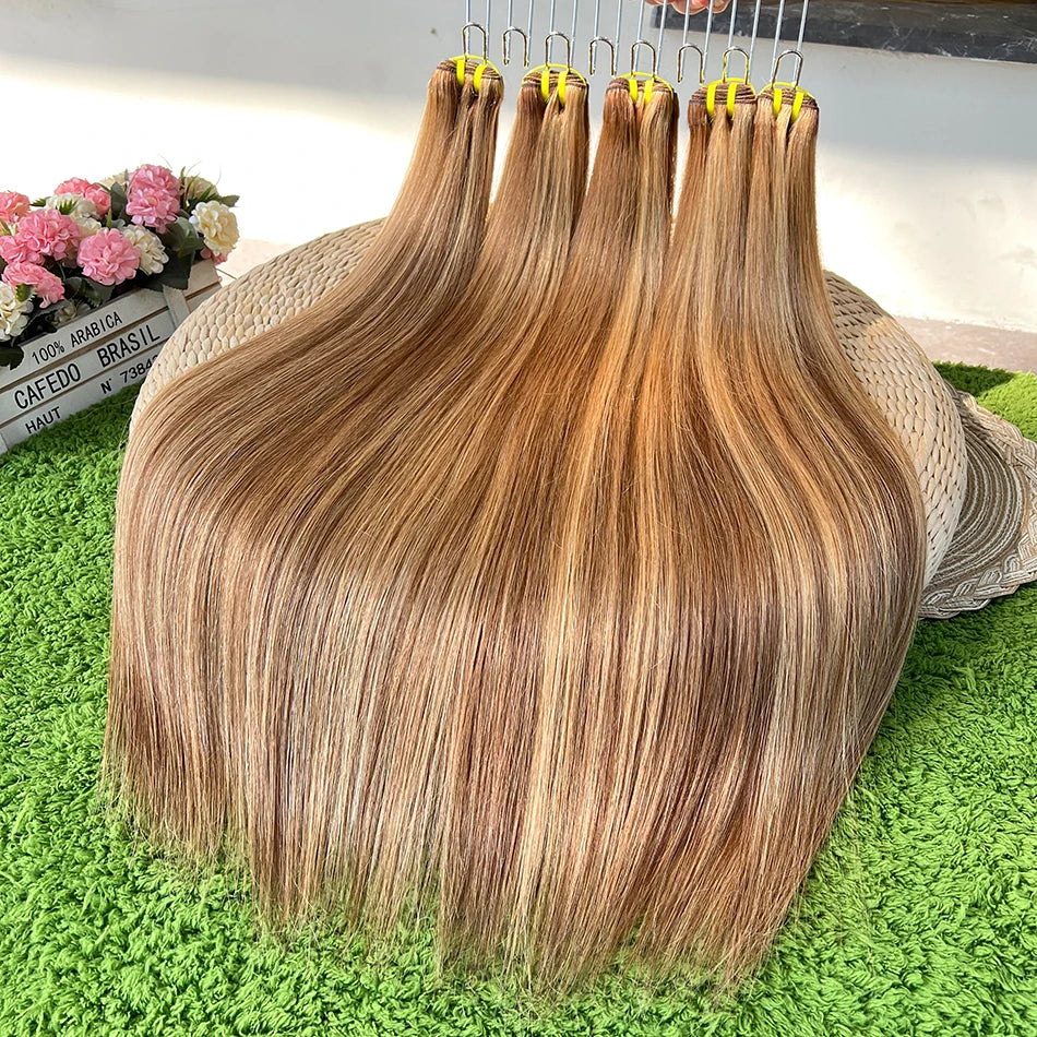 Highlight Color P4/27 Straight Human Hair Bundles Honey Blonde Brown 100 Grams 100% Virgin Hair Weaving Extensions For Women