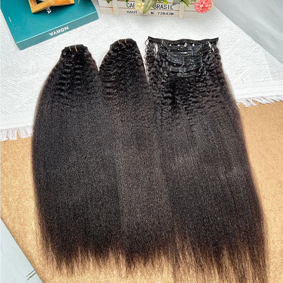 Kinky Straight Clip ins 100% Human Hair Extensions Seamless Invisible PU Weft Unprocessed 100grams 7Pcs/Set #1B Natural Color