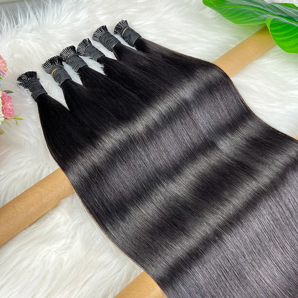 Straight Ponytail I-Tip Hair Extensions 100% Human Hair Genius Weft #1B Natural Black Color 100 Grams Vietnamese Virgin Hair