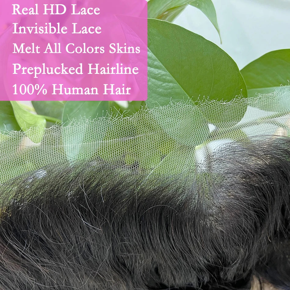 13x4 Real HD Lace Frontal Body Wave 100% Human Hair Preplucked #1B Natural Color Melt Skin Invisible Lace Closure For Women