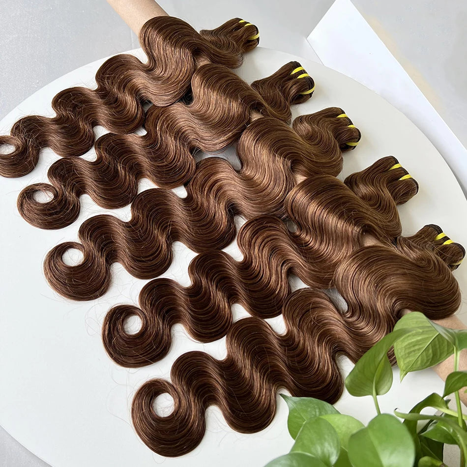 #4 Brown Colored Body Wave Human Hair Bundles 100% Virgin Human Hair Extensions Weaving Wavy 100 Grams 18-30 Inch For Women