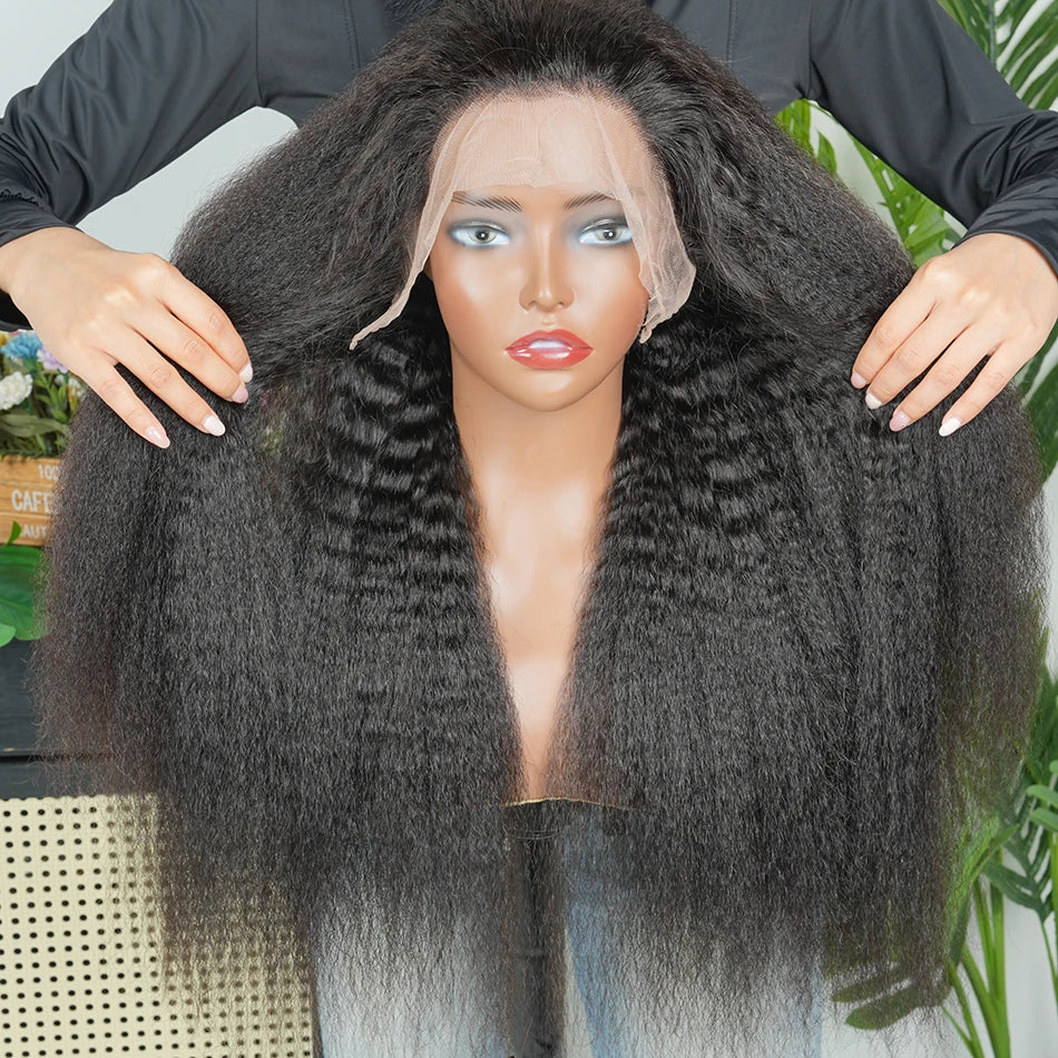 Kinky Straight 13x4 Transparent Lace Frontal Wigs Human Hair 200% Density #1B Natural Black Color Preplucked Lace Front Wig
