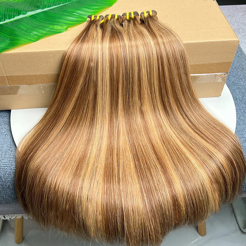 Double Drawn Straight Human Hair Bundles P4/27 Highlight Color Brown Honey Blonde 100% Virgin Hair Weaving Extensions For Women