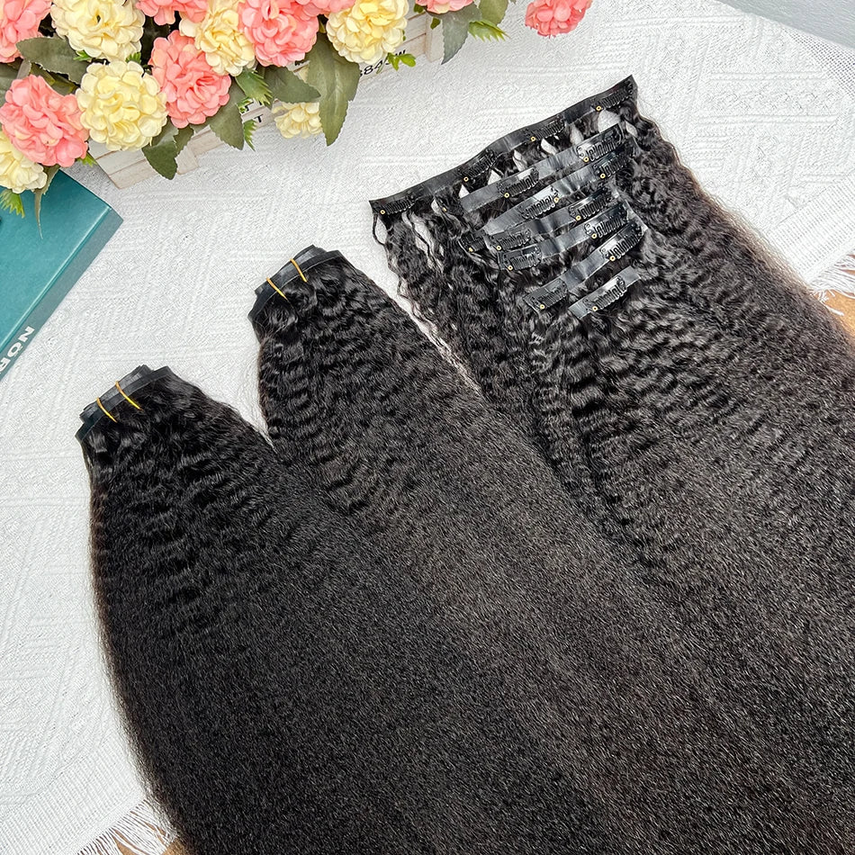 Kinky Straight Clip ins 100% Human Hair Extensions Seamless Invisible PU Weft Unprocessed 100grams 7Pcs/Set #1B Natural Color